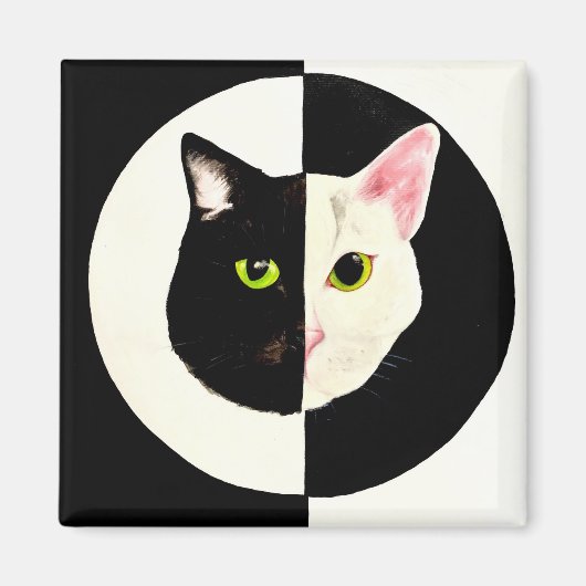 Zwart-witte katten gezicht yin en yang magneet (Voorkant)