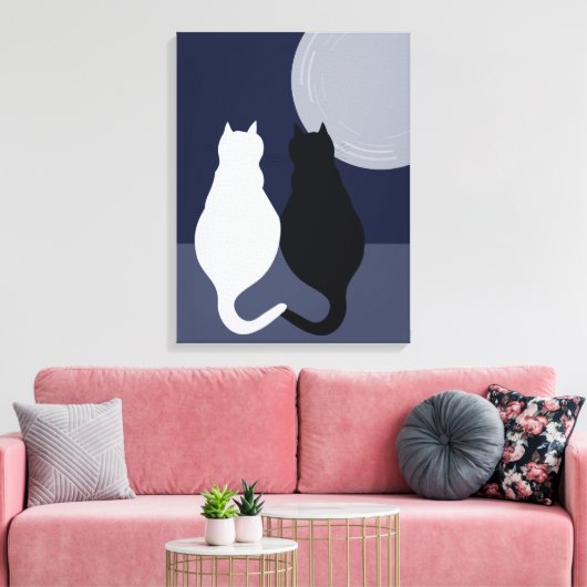 Zwart-witte katten in Volle Maan Canvasprint Canvas Afdruk (Insitu (Woonkamer))