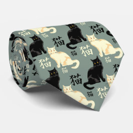 Zwart-witte katten met japanse karakters stropdas