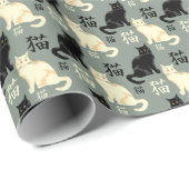 Zwart-witte katten met japanse personages cadeaupapier (Rol Hoek)