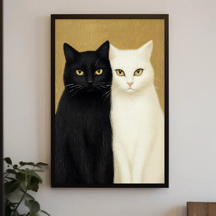 Zwart-witte katten op gouden achtergrond Schilderi Poster