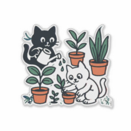 Zwart-witte katten tuinieren met planten sticker