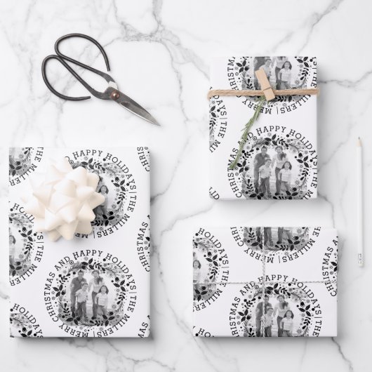 Zwart-witte kerst, lepel en foto inpakpapier vel (Voorkant)