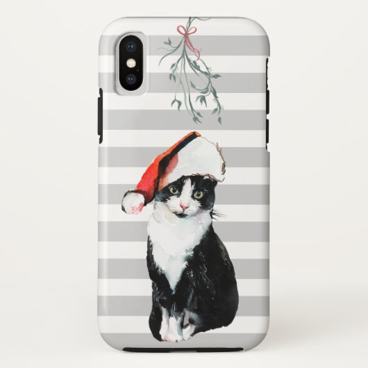 Zwart-witte kerstkat met kerstkleed Case-Mate iPhone case (Achterkant)