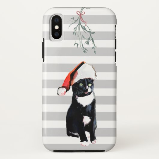 Zwart-witte Kerstkat met kerstmuts Case-Mate iPhone Case (Achterkant)