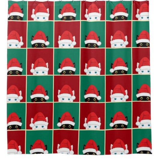 Zwart-Witte Kerstkatten Douchegordijn (Voorkant)