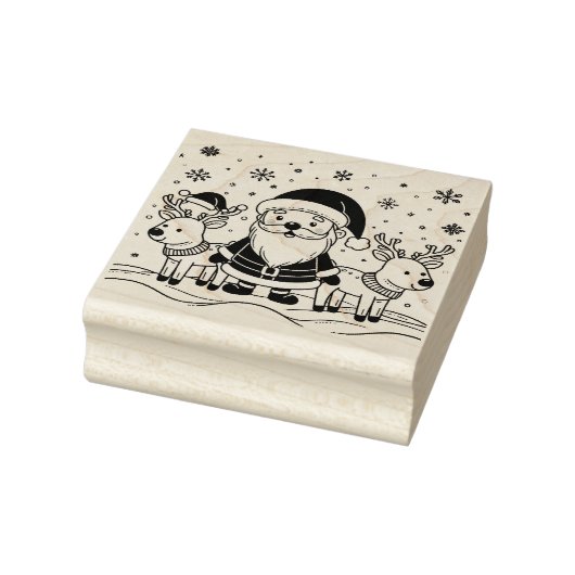 Zwart-witte Kerstman met rendieren Rubberstempel (Stempel)