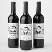 Zwart-witte Kerstman met rendieren Wijn Etiket (Flessen)