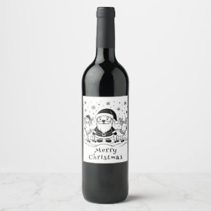 Zwart-witte Kerstman met rendieren Wijn Etiket
