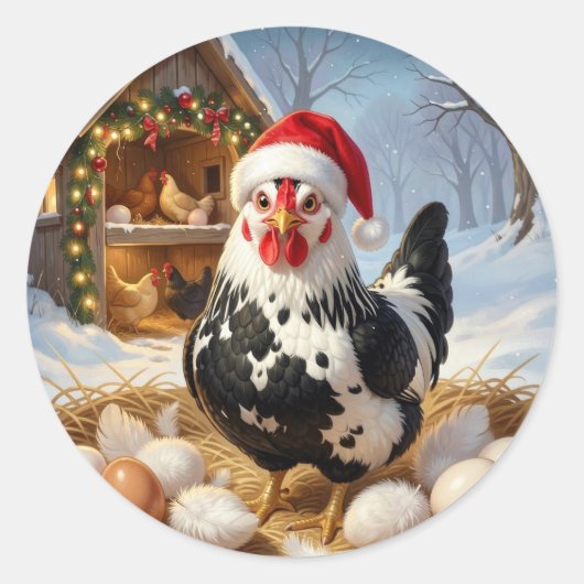 Zwart-witte kip met kerstmuts Kerstmis Ronde Sticker (Voorkant)