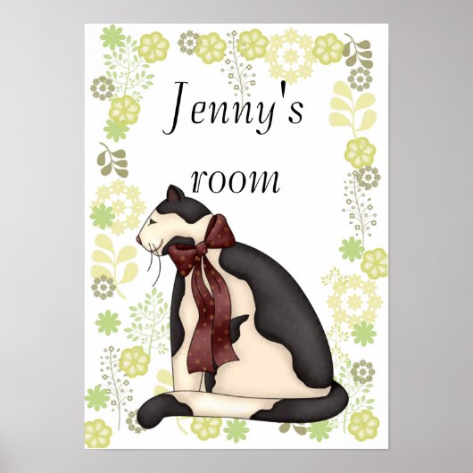 Zwart & Witte Kittie Kat met Bloemrand Poster (Voorkant)