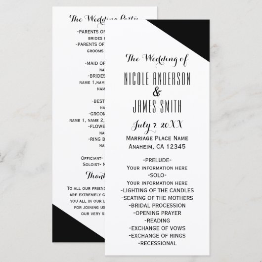 Zwart & Witte Klasse Driehoekige Trouwprogramma Programmakaart (Voorkant / Achterkant)