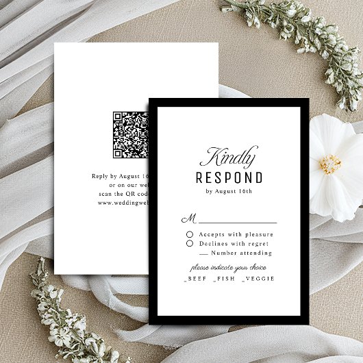 Zwart Witte Klasse Script Elegante QR-code Trouwda RSVP Kaartje