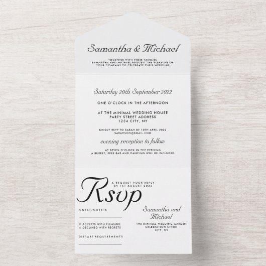 Zwart-witte, klassieke, eenvoudige bruiloft all in one uitnodiging (Binnen)