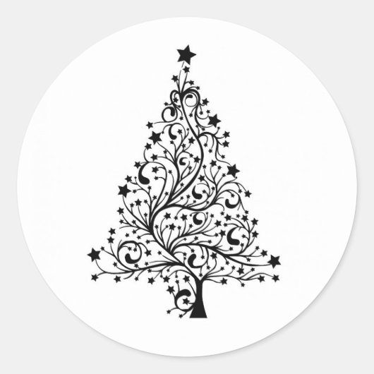 Zwart-witte klassieke kerstboom ronde sticker (Voorkant)