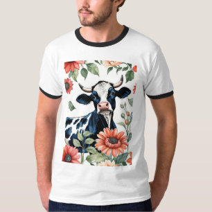 Zwart-Witte Koe Met Oranje Bloemen T-shirt