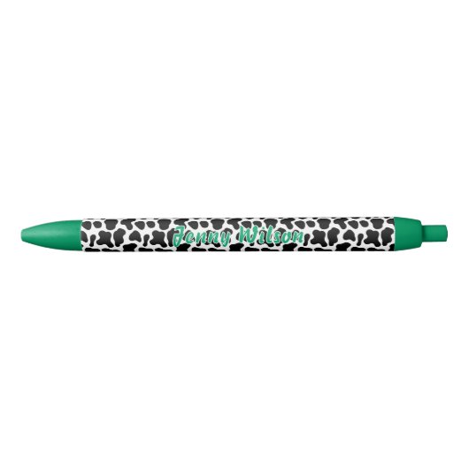 Zwart & Witte Koe Patroon Script Naam Monogram Zwarte Inkt Pen (Voorkant)