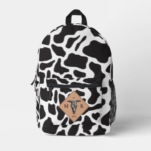 Zwart-witte Koe Spot Animal Patroon Monogram Bedrukte Rugzak (Voorkant)