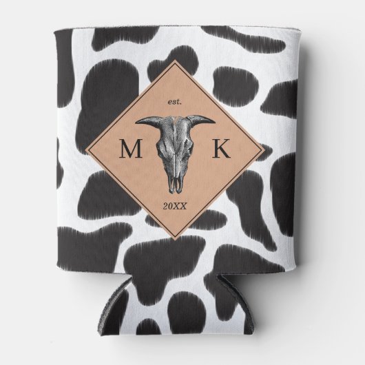 Zwart-witte Koe Spot Animal Patroon Monogram Blikjeskoeler (Voorkant)
