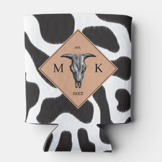 Zwart-witte Koe Spot Animal Patroon Monogram Blikjeskoeler (Achterkant)