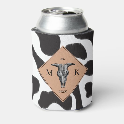 Zwart-witte Koe Spot Animal Patroon Monogram Blikjeskoeler (Blikje Achterkant)