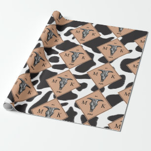 Zwart-witte Koe Spot Animal Patroon Monogram Cadeaupapier