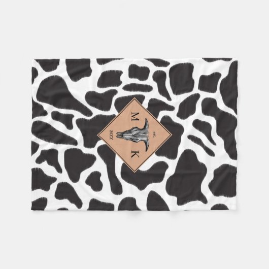 Zwart-witte Koe Spot Animal Patroon Monogram Fleece Deken (Voorkant (Horizontaal))