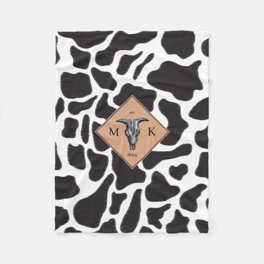Zwart-witte Koe Spot Animal Patroon Monogram Fleece Deken (Voorkant)