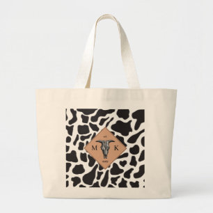 Zwart-witte Koe Spot Animal Patroon Monogram Grote Tote Bag