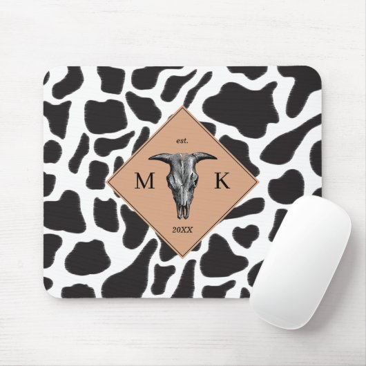 Zwart-witte Koe Spot Animal Patroon Monogram Muismat (Met muis)
