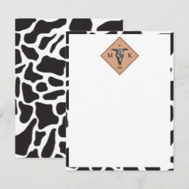Zwart-witte Koe Spot Animal Patroon Monogram Notitiekaartje