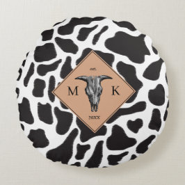 Zwart-witte Koe Spot Animal Patroon Monogram Rond Kussen