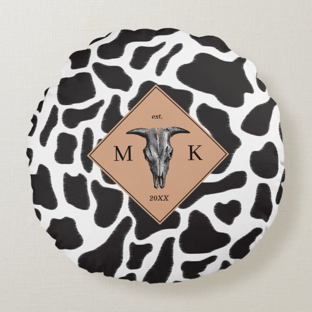 Zwart-witte Koe Spot Animal Patroon Monogram Rond Kussen (Voorkant)