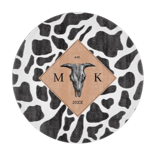 Zwart-witte Koe Spot Animal Patroon Monogram Snijplank (Voorkant)