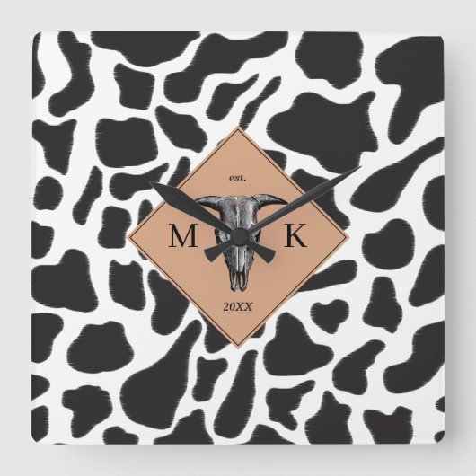 Zwart-witte Koe Spot Animal Patroon Monogram Vierkante Klok (Voorkant)