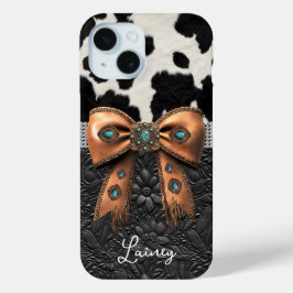 Zwart Witte Koehuid Leren Gejewelde Strik iPhone 15 Case