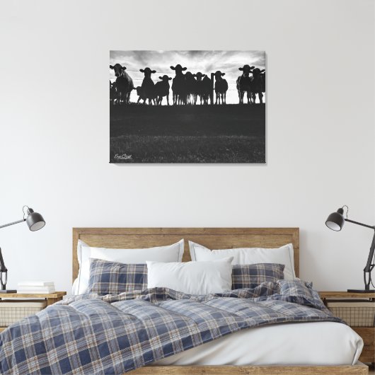 Zwart-witte Koeien langs hek Canvas Afdruk (Insitu (Slaapkamer))