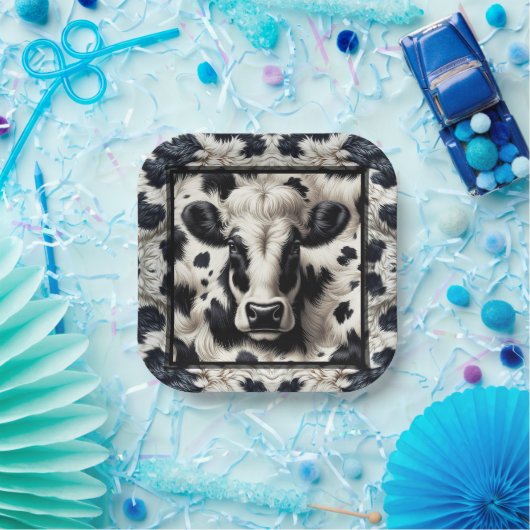 Zwart & Witte Koeienvlekken Zachte Koehuid Verjaar Papieren Bordje (Feest)