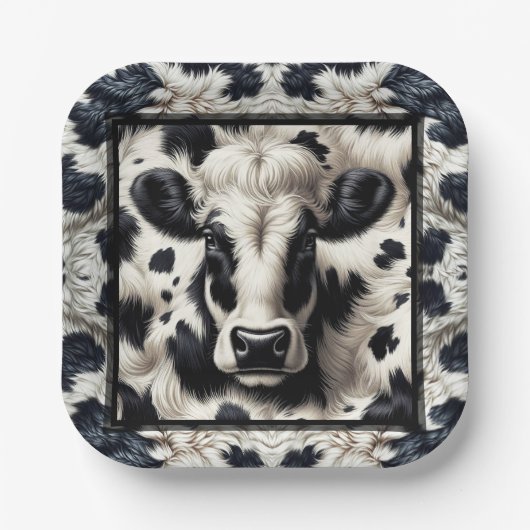 Zwart & Witte Koeienvlekken Zachte Koehuid Verjaar Papieren Bordje (Voorkant)