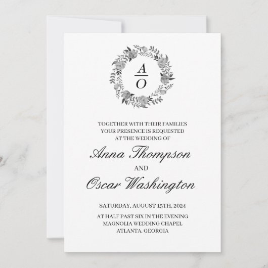 Zwart-witte krans, bruiloft uitnodigingskaart kaart (Voorkant)