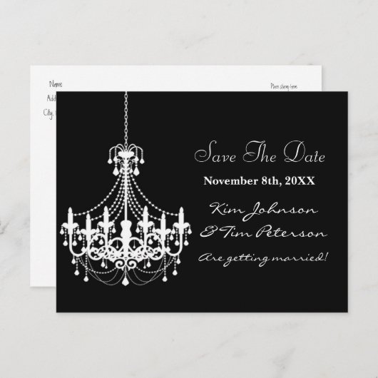 Zwart Witte Kroonluchter Wedding Save Datum Briefk Aankondigingskaart (Voorkant / Achterkant)