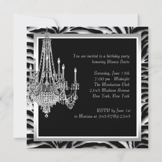 Zwart Witte Kroonluchter Zebra Verjaardagsfeestje Kaart (Achterkant)