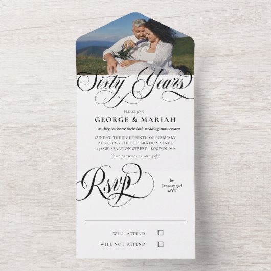 Zwart Witte Krullen Foto 60ste Huwelijksverjaardag All In One Uitnodiging (Binnen)