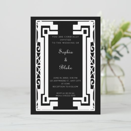 Zwart-witte  kunst Deco Wedding Kaart (Staand voorkant)