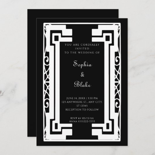 Zwart-witte  kunst Deco Wedding Kaart (Voorkant / Achterkant)
