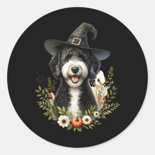 Zwart Witte Labradoodle Hond Halloween Waterverf Ronde Sticker
