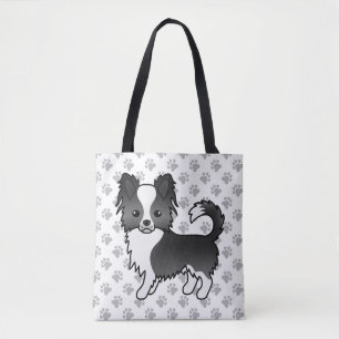 Zwart-Witte Langharige Chihuahua Hond & Pootjes Tote Bag