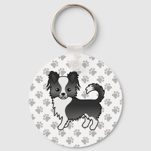 Zwart-witte langharige Chihuahua-hond & poten Sleutelhanger (Voorkant)