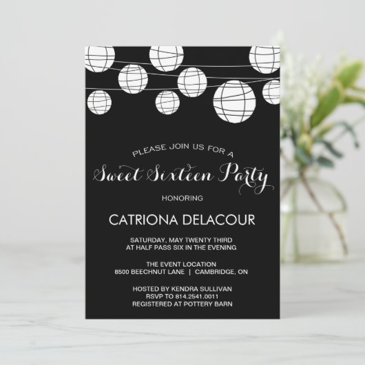 ZWART-WITTE LANTAARNS ZOETE ZESTIEN UITNODIGING (Staand voorkant)