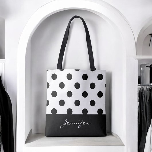 Zwart-witte Latijnse polaire dots met monogram Tote Bag